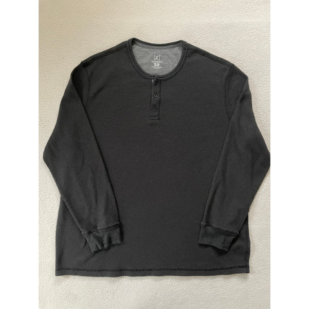 George Mens 2XL Henley Shirt Gray Waffle Knit Long Sleeve Thermal